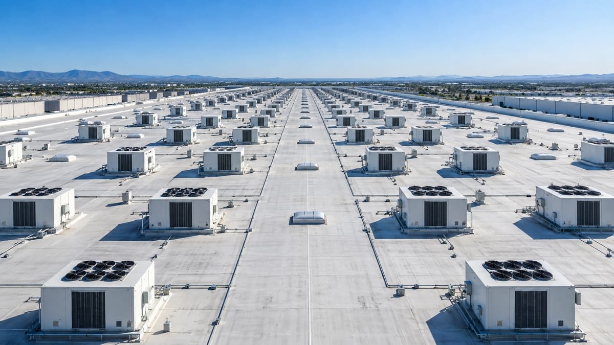 Vista aérea de uma cobertura extensa com fileiras de equipamentos de climatização