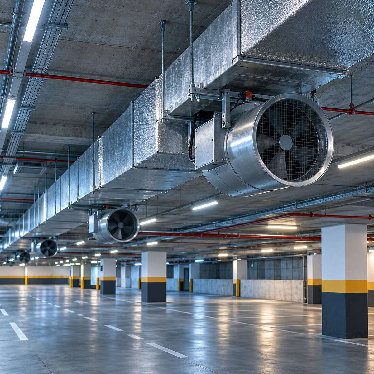 Dutos e ventiladores de extração de fumaça no teto de um subsolo de garagem